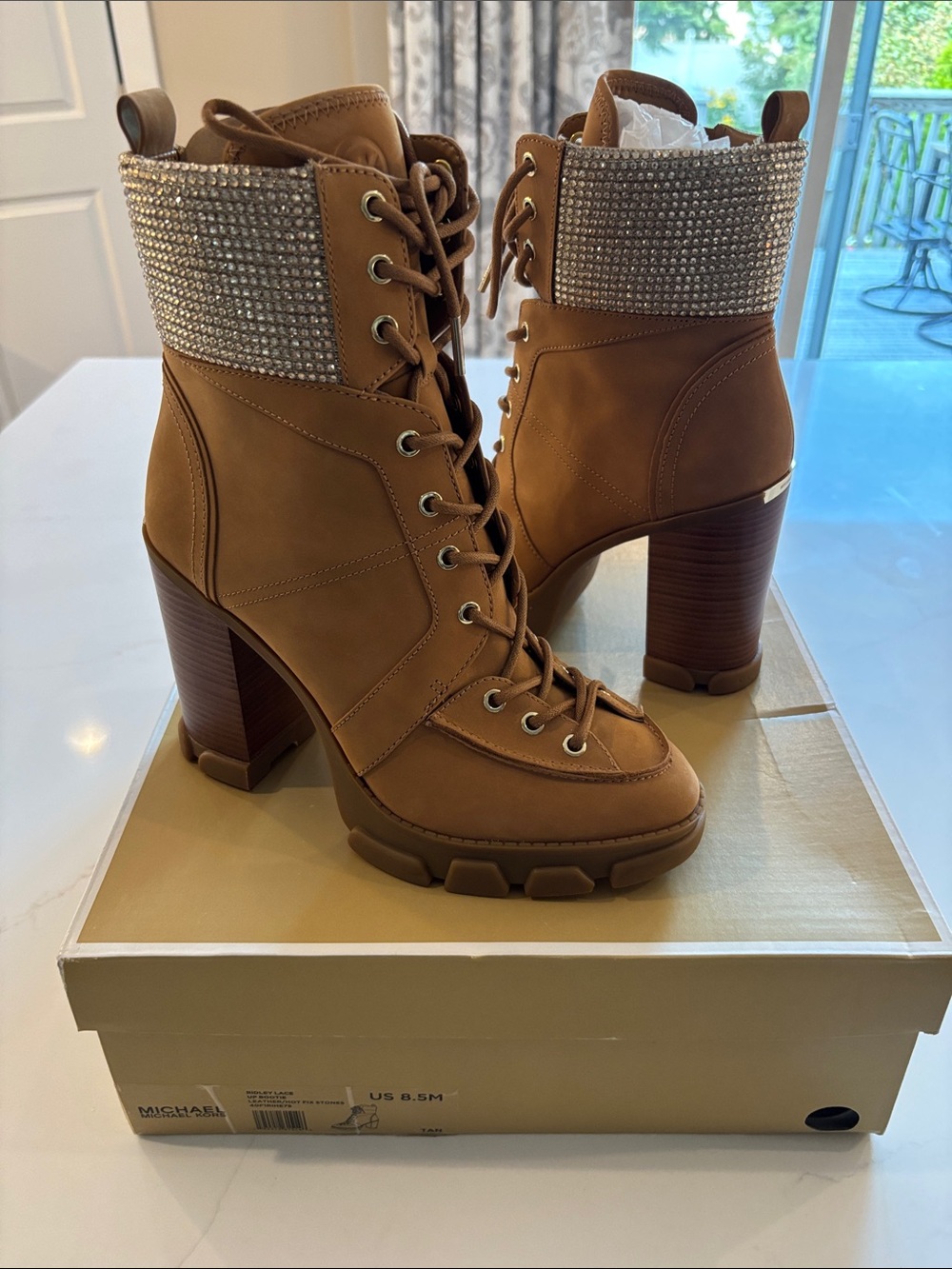 Michael Kors Tan Lace-Up Block Heel Boots with Jeweled Cuff